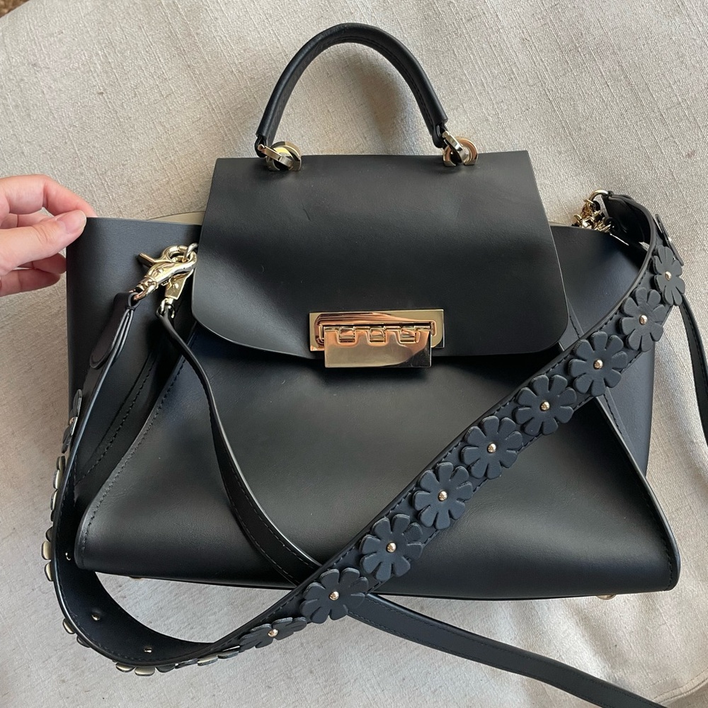 Zac Zac Posen Satchel Black Bag with Flower Strap